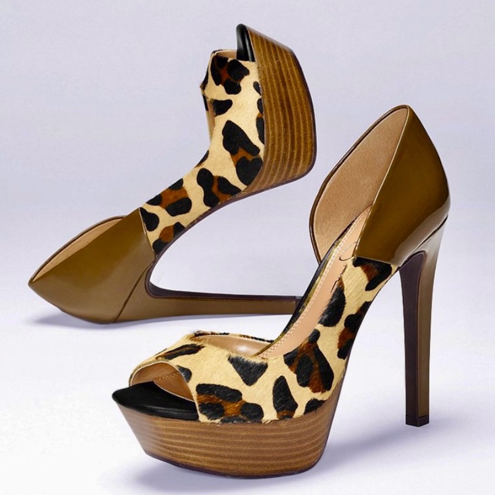 JESSICA SIMPSON LEOPARD & BROWN PATENT STILETTOS — SIZE 6